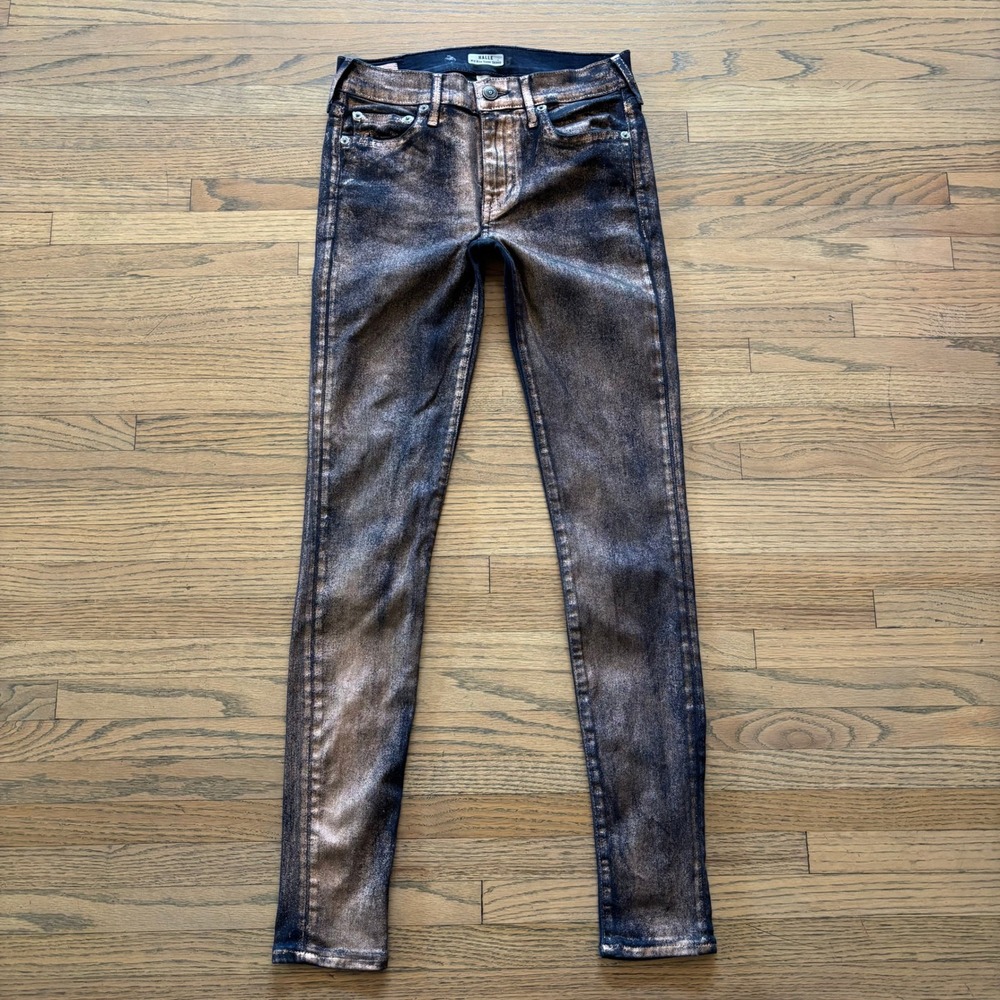 True Religion Halle Mid Rise Super Skinny Metallic Coated Jeans Bronze‎ Black 26